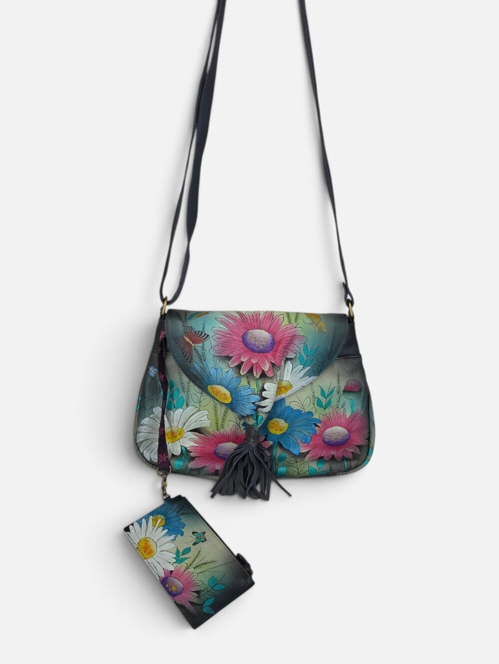 Anna by Anuschka Flap Hobo-8286 Hand Painted Floral Leather Crossbody Bag Tassel